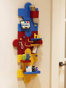 1 Set Colorful Puzzle Piece Pegboard Wall Organizer, Interlockable Plastic Hole Board Storage Rack With Hooks Shelves Bins, DIY Assemble Modular Wall Display Shelf For Stationery Decor Small Items, Space-Saving Kids Room Bedroom Wall Storage Decor - color - View 2