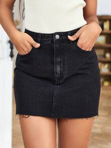 EMERY ROSE Plus Size Women's Casual Denim Mini Skirt With Pockets - Black - View 6