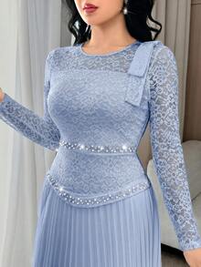 Feyla Women's Light Blue Crew Neck Lace And Pleated Midi Dress With Bow Detail Elegant Party Dress - Blue - View 6