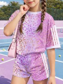 亮彩虹豹紋青少年女孩休閒極簡短袖上衣與短褲兩件套，適合夏季日常、時尚夏日、運動、校園、度假風、返校季 - 彩色 - 查看 3