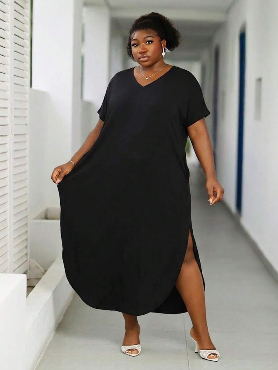 CurvyTilda Plus Size Women Spring/Summer New Fashion Commute Casual Pocket Design Split Long Dress - Black - View 1