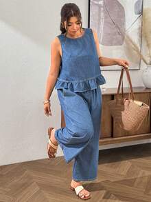 Lounesse Plus Size Ruffle Vest Denim Pants 2 Pieces Set Halloween Waist Wide Leg Capri Denim Loose Casual Denim Matching Outfit Country Vacation Summer Beach - Blue - View 6