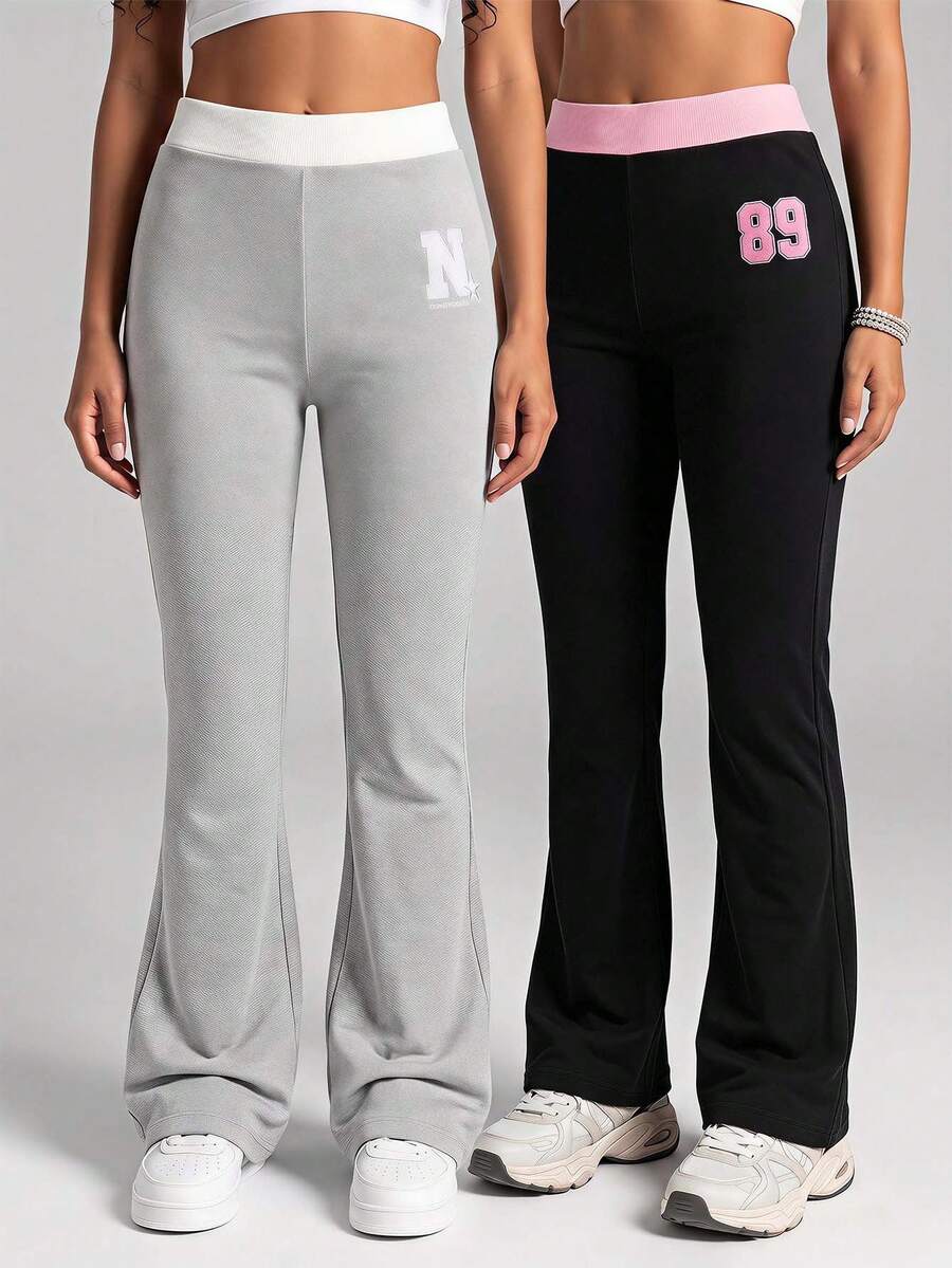 2pcs Solid Color Casual Basic Flare Leggings For Girls - Multicolor - View 1