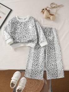 Jungmädchen gestreiftes Strick-Sweatshirt-Set, Lässig, Streetwear, Gepardenmuster, Strickjacke, Pullover, Herbst, Winter, Sport, Alltag, Bequem, Warm, Outfit - Verschiedenfarbig - Übersicht 4