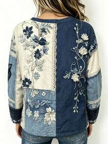 EMERY ROSE Baju Wanita Lengan Panjang Kasual Longgar dengan Motif Digital Blok Warna Biru & Putih, Renda Imitasi & Bordir Imitasi - MultiWarna - View 2