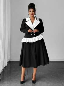 Maweii Plus Size Elegant Commuter Colorblock Patchwork Ruffle Double-Breasted Jacket & Skirt 2 Pieces Set - Black - View 2