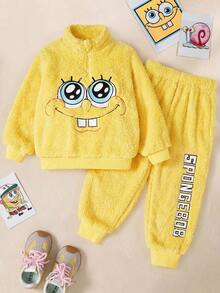 SpongeBob SquarePants | SHEIN 少女卡通刺绣趣味立领半拉链宽松毛绒卫衣裤子套装，秋冬 - 黃色 - 查看 1