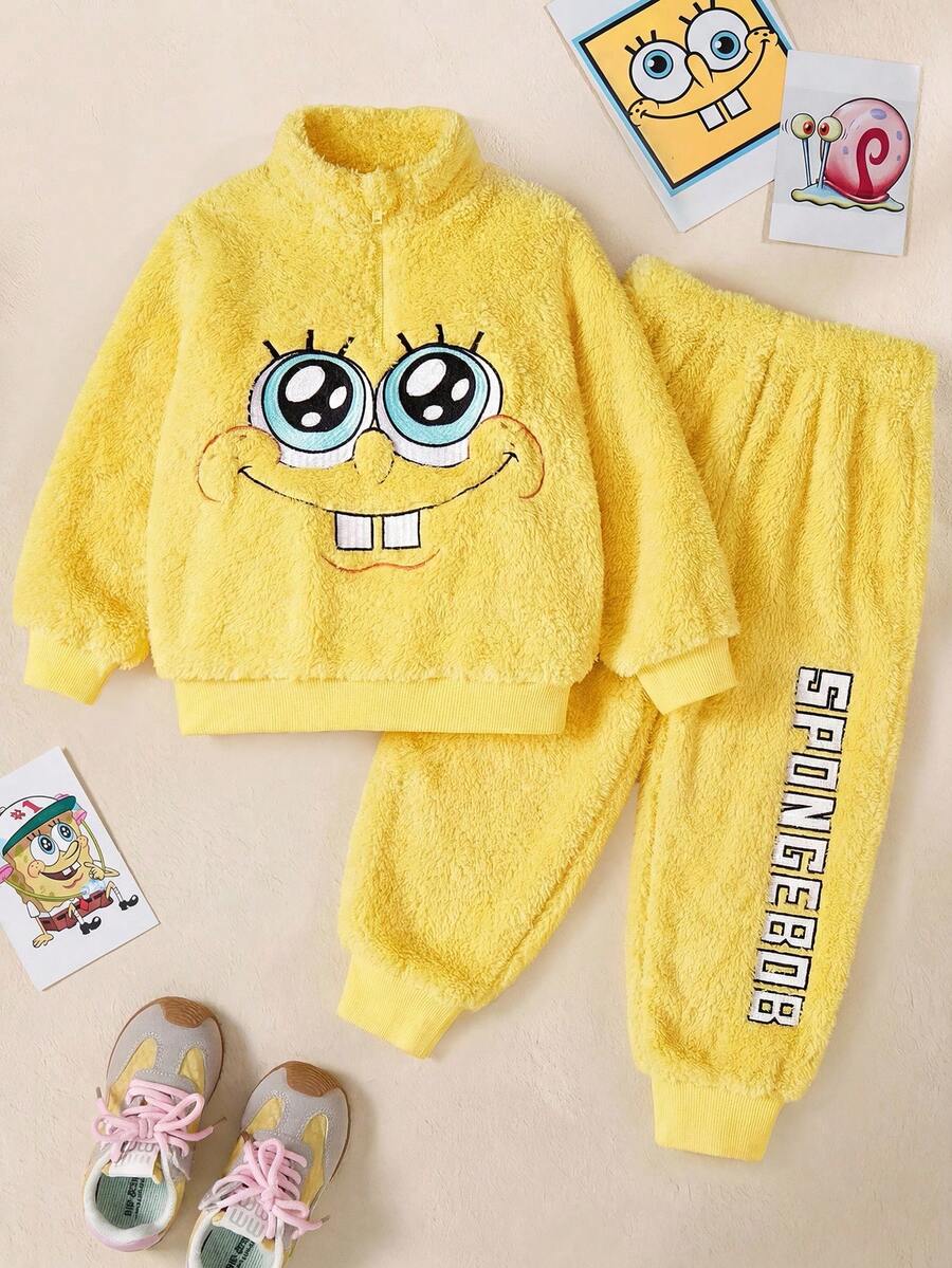 SpongeBob SquarePants | SHEIN 少女卡通刺绣趣味立领半拉链宽松毛绒卫衣裤子套装，秋冬 - 黃色 - 查看 1