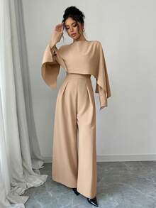 Elenzga Women's Elegant Stylish Long Sleeve Colllarless Ruched Waist Wide Leg Jumpsuit Fall Cloth For Women - Apricot - View 5