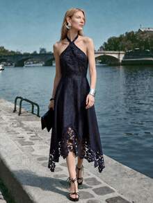 MOTF PREMIUM WOMEN'S CONTRAST LACE HALTER NECK DENIM DRESS - Dark Wash - View 1