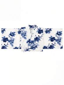 Irokai 日式傳統夏季女款兩件式浴衣和服，水墨印花，白色，度假風，傳統文化風格（不含腰帶） - 藍色 - 查看 6