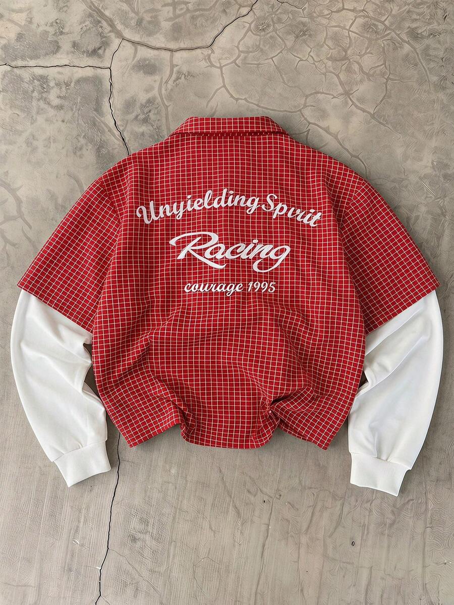 SWAVVY Men's Plaid Patchwork Letter Embroidery 2 In 1 Shirt - Red - View 1