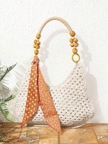SHECARRY Women's Fashionable Elegant Simple Spring And Summer Vacation Beach Straw Woven Silk Scarf Decoration Wooden Beads Shoulder Strap Design Shoulder Bag - White - View 3
