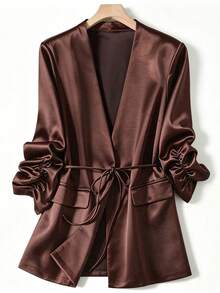 GlowEve CURVE Women's Fashion Elegant Elastic Pleated Long Sleeve V-Neck Hidden Button Placket Tie Satin Blazer, Suitable For Daily Wear And Commuting Fall - Brown - View 1