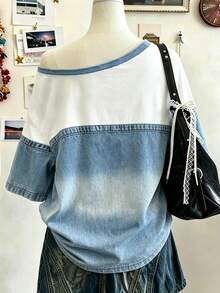 Lalippa Kaos Wanita Lengan Pendek Leher Asimetris dengan Motif Patchwork Denim - MultiWarna - View 2