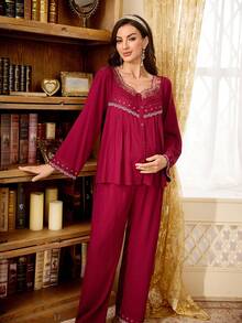 PalaceNights Exquisite Lace Heavy Embroidery Trim Square Neck Long Sleeve Loose Maternity Pajama Set - Burgundy - View 5