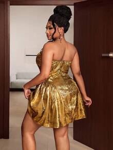 Maweii Party Style Metallic Waist-Cinching A-Line Mini Dress, Sexy Off-Shoulder Sleeveless Slimming Plus Size Dress - Gold - View 2