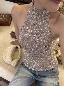 Selianne 春夏法式優雅波點紋理針織背心，高領掛脖無袖收腰短版上衣，適合約會、派對、日常通勤的多功能疊穿女款針織上衣，辣妹風 - 卡其色 - 查看 4