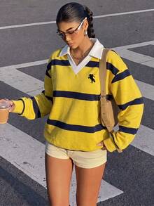 Muchica 休閒學院風黃色與海軍藍條紋印花馬標女款 Polo 領長袖寬鬆衛衣，適合秋冬穿著 - 彩色 - 查看 6