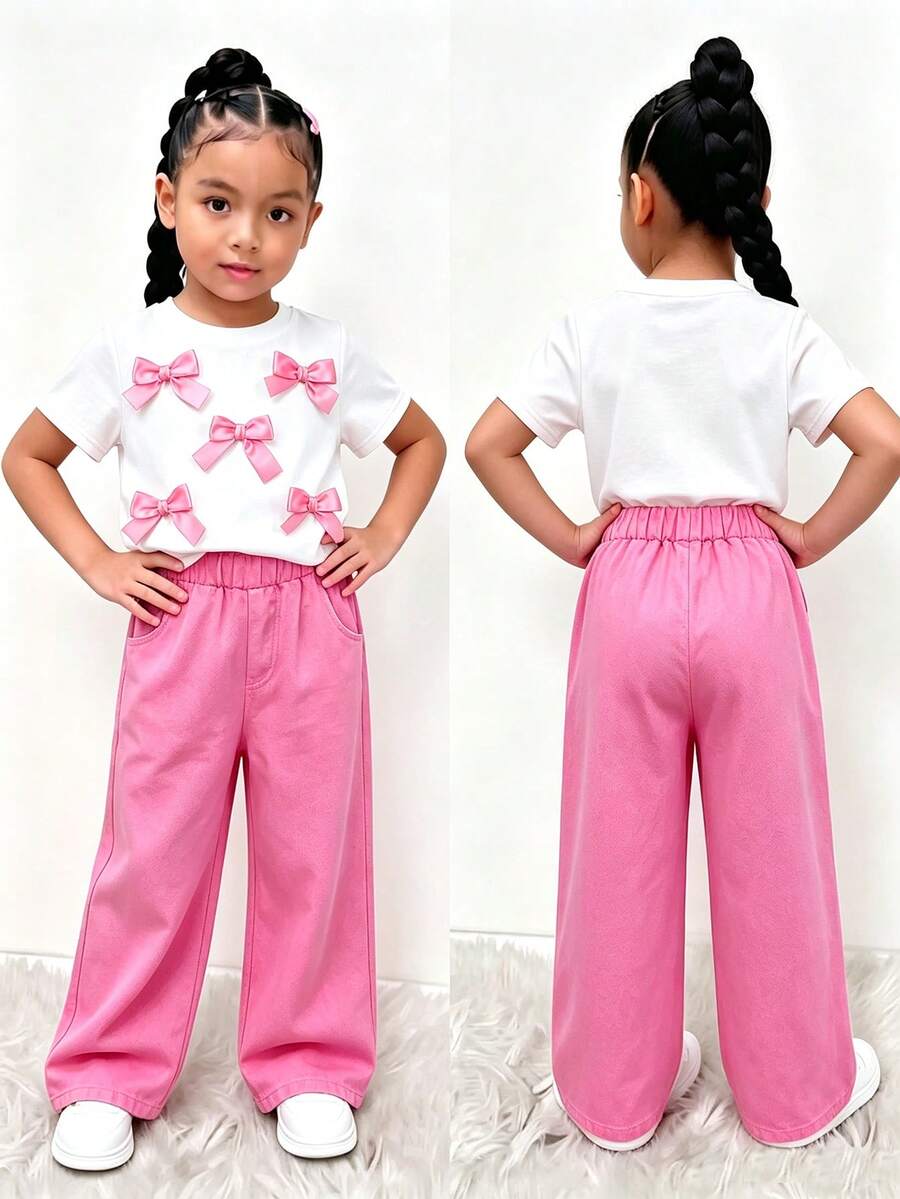 Elladie kids 女童新款白色休閒修身短袖圓領T恤，搭配俏皮可愛3D蝴蝶水洗牛仔貼布繡設計 & 粉色水洗休閒寬鬆多口袋設計工裝牛仔褲，適合日常穿著，簡約時尚百搭