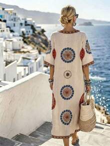 SHEIN Holidaya Women's Beige Digital Print Boho Beach Vacation Dress,V-Neck Short/Half Sleeve Elegant Fashion Style For Summer,Autumn,Spring,Daily Wear, Al-Adha - Multicolor - View 2