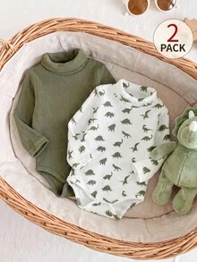 SHEIN Playful Pals Baby Boys Casual Versatile All-Match High Neck Ribbed Textured Fabric Long Sleeve Multi-Piece Bodysuit Set Autumn/Winter - Green - View 12