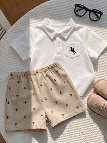 2pcs/Set Baby Boy Cute Casual Versatile Knit POLO Shirt And Anchor Pattern Elastic Waist Shorts Set, Suitable For Birthday Party, Evening Party, Performance, Wedding, Full Moon, Baptism, 1st Birthday Celebration And Baby Shower - White - View 11