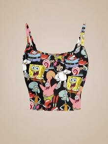 SpongeBob SquarePants | SHEIN 无袖短款紧身黑色舒适夏季休闲卡通趣味、派大星、章鱼哥、克雷布斯先生、桑迪、加里、浮游生物图案女式吊带背心 - 白色 - 查看 1