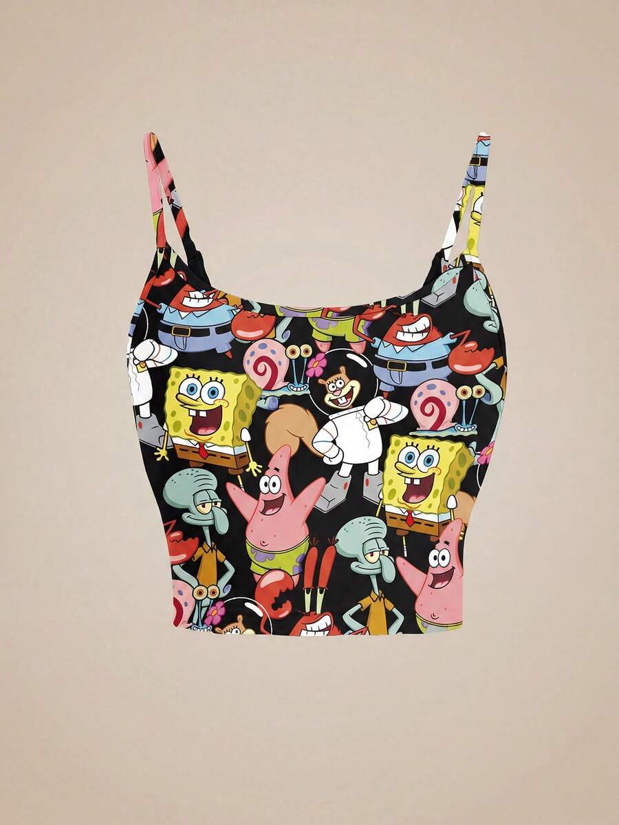 SpongeBob SquarePants | SHEIN 无袖短款紧身黑色舒适夏季休闲卡通趣味、派大星、章鱼哥、克雷布斯先生、桑迪、加里、浮游生物图案女式吊带背心 - 白色 - 查看 1