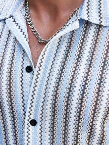 SLATEMANN 男士夏季薄款卡其色雙色針織提花紋理休閒度假修身短袖襯衫與彈性腰短褲套裝 - 藍色 - 查看 3