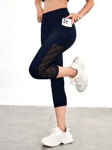 SHEIN Cheerettes 女款對比色網格高腰運動緊身褲，附口袋健身運動服，秋季運動休閒服 - 藏蓝色 - 查看 1