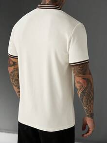 Manfinity CasualCool 男士時尚休閒通勤針織提花短袖 Polo 衫，男士拉鍊 Polo 衫，復古風格，老錢風，適合日常休閒、週末旅行，可作為男友/丈夫禮物、週年/生日禮物、派對、夏季度假、海灘穿著、夏威夷婚禮及春夏穿著 - 杏色 - 查看 2