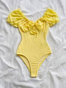 Soleia Women's Plus Size Yellow Puff Short Sleeve Textured Fabric Bodysuit - Yellow - View 4