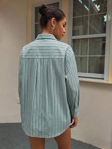 DAZY 女款春夏秋冬寬鬆休閒風長袖 2 合 1 領口直條紋布料襯衫 - 水鴨藍 - 查看 2