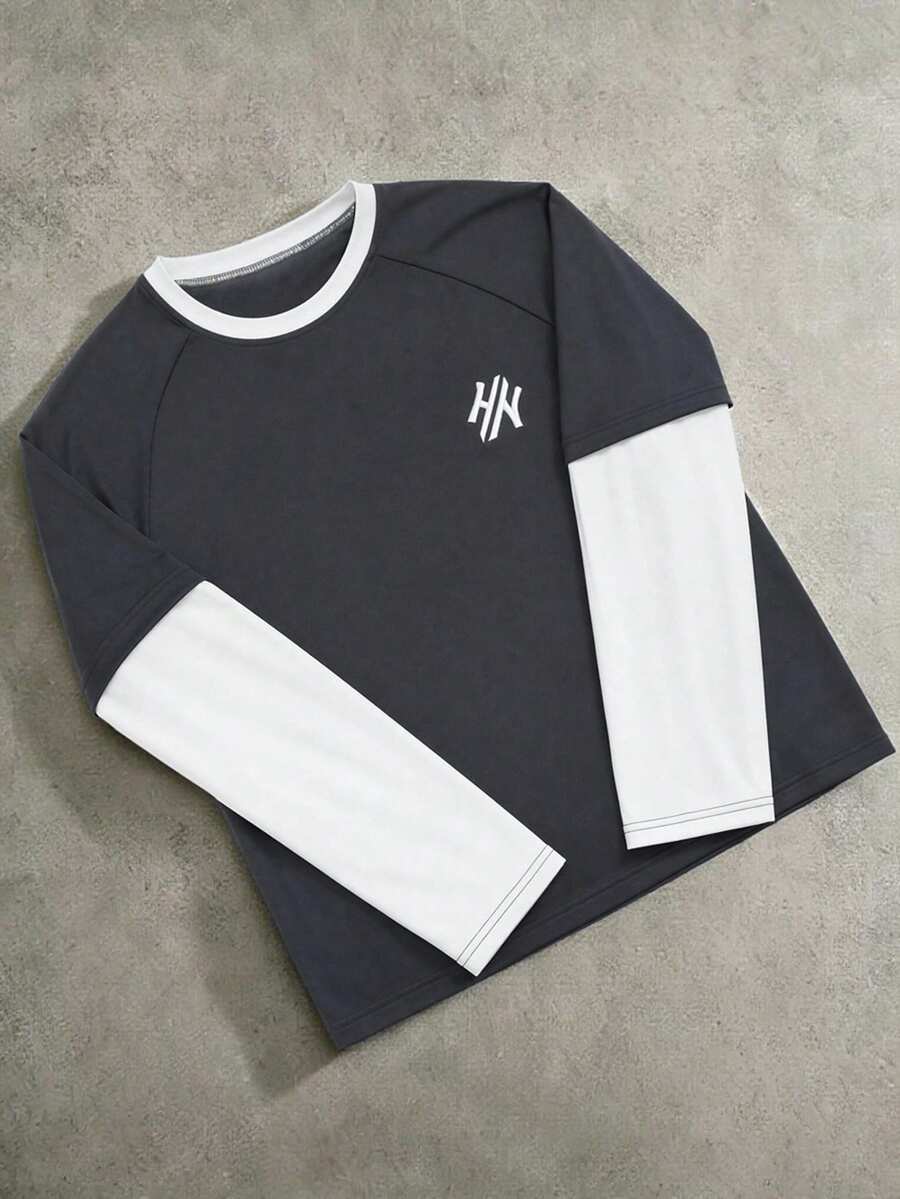 SLATEMANN Men's Colorblock Patchwork Long Sleeve 2 In 1 T-Shirt - Multicolor - View 1