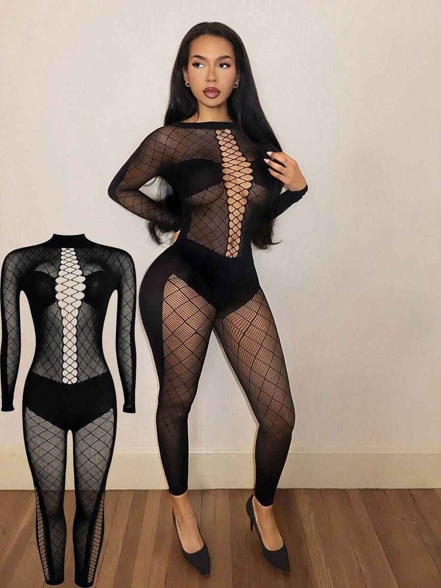 BamGleam Women's Round Neck Long Sleeve Cutout Design Fitted Sexy Mesh Jumpsuit - Black - View 1