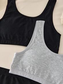 SHEIN 2pcs Solid Black & Gray Tween Girl Girls Tank Tops With Padded Cups, Simple Fashionable Casual Wear - Multicolor - View 3