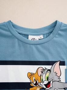 TOM & JERRY X SHEIN Young Boy Casual Style Crew Neck Short Sleeve T-Shirt And Cartoon Print Shorts Comfortable 2-Piece Set - Blue - View 3