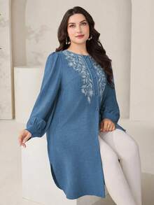 Veilorie Plus Size Elegant Fashion Embroidered Single-Breasted Shirt For Vacation And Dating - Blue - View 7