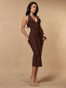 Silquee Vestido midi ajustado con escote en V profundo para mujer - Café - Ver 7