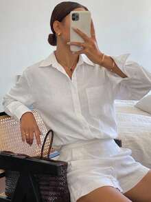 DAZY 女款純色休閒百搭春夏寬鬆長袖翻領口袋襯衫 - 白色 - 查看 5