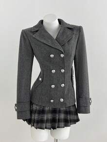 Elamini Women's Autumn/Winter Campus Style Cinched Waist Lapel Double-Breasted Mid-Length Grey Tweed Coat - Dark Grey - View 5