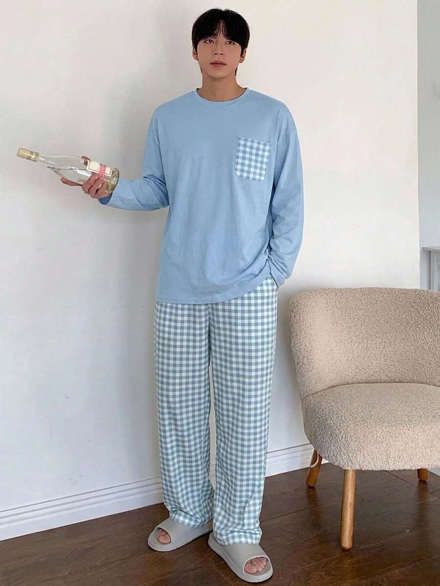 DAZY 夏季字母印花T恤與格紋長褲男士居家休閒套裝 - 淺藍色 - 查看 1
