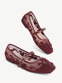 CUCCOO CHICEST 女款網布刺繡珍珠瑪麗珍平底鞋，扣環設計，通勤約會婚禮日常溫柔透氣百搭女鞋 - 酒紅色 - 查看 6