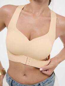 Bralution 1 Buah Bra Wanita Tanpa Kawat dengan Pengait Depan, Push-Up, Anti-Kendur, Tali Bahu Ganda, Cup Cetak, Nyaman dan Sederhana dengan Desain Silang di Belakang - Aprikot - View 2