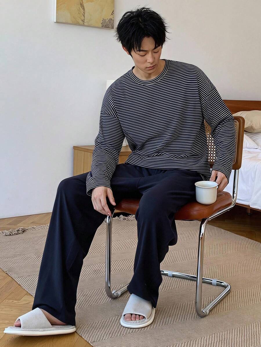 DAZY Spring/Autumn White & Navy Blue Striped Top With Solid Color Elastic Waist Pants Men's Loungewear Set - Multicolor - View 1