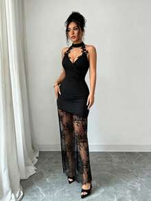 Elenzga Halter Neck Iridescent Material Contrast Lace Dress - Black - View 8