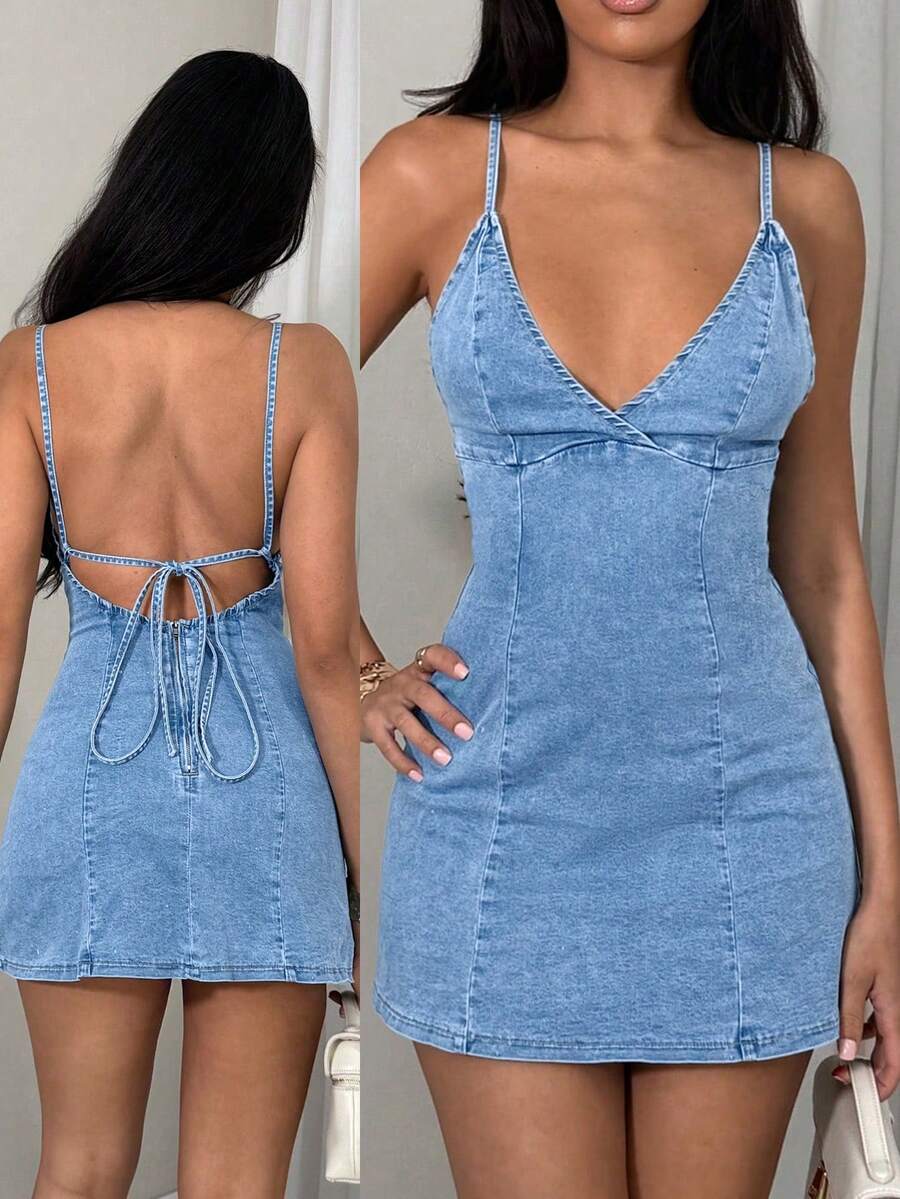 TRNVIE Stretchy Spaghetti Strap Backless Denim Dress - Light Wash - View 1