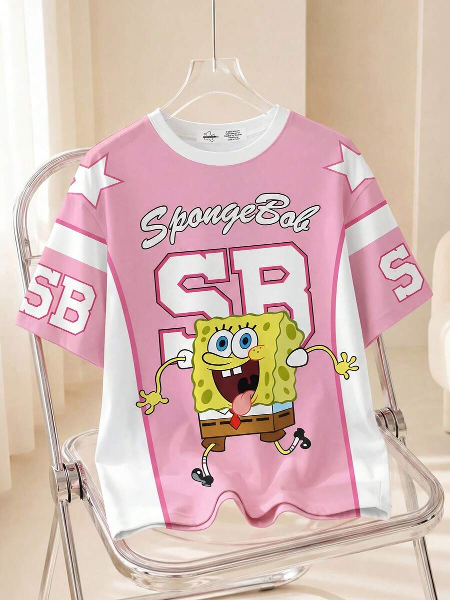 SpongeBob SquarePants | SHEIN 男士宽松圆领短袖T恤,舒适夏季休闲,卡通/复古英文字母,条纹星星印花,全身印花 - 白色 - 查看 1