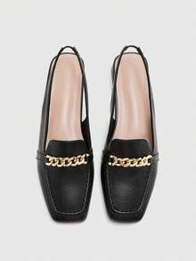 CUCCOO BIZCHIC 女款方跟低跟黑色後繫帶金屬鏈條slingback女鞋，舒適通勤，適合戶外購物穿著 - 黑色5 - 查看 2